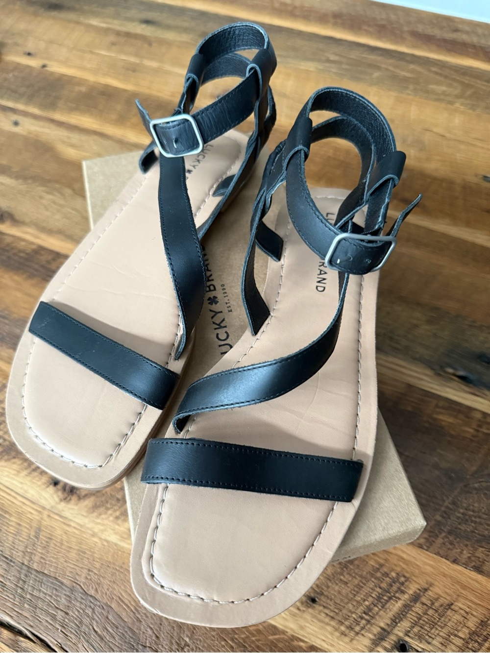 Lucky Brand Byleth Black Strappy Leather Ankle Buckle Sandals